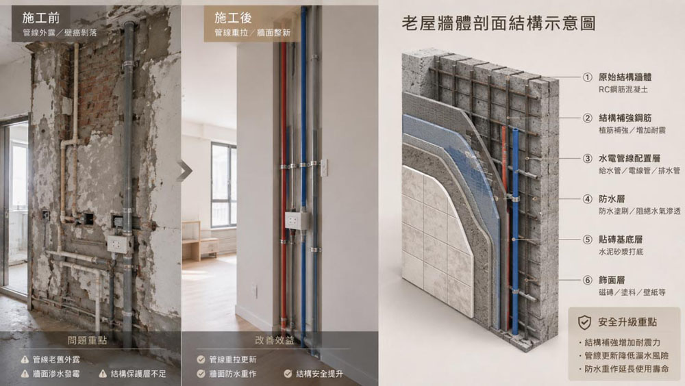 老屋牆體剖面圖，展示水電管線、防水層與結構補強鋼筋的施工位置